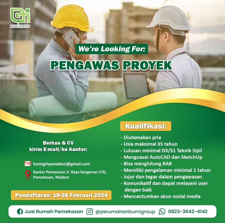 Lowongan Kerja Sebagai Pengawas Proyek Bumi Group